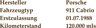 Hersteller				Porsche Fahrzeugtyp			911 Cabrio Erstzulassung			01.07.1988 Kilometerstand			120.000 mls